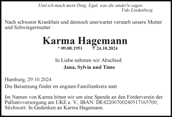 Traueranzeige von Karma Hagemann  von Hamburger Abendblatt